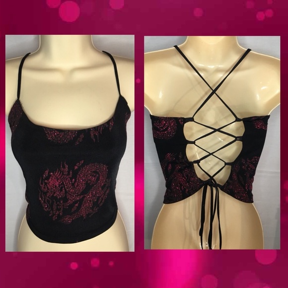 Lace up black and pink dragon sparkles crop top Size S/M - Picture 10 of 10